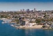 Aerial drone shot of Newport Beach harbor in Orange County Calif